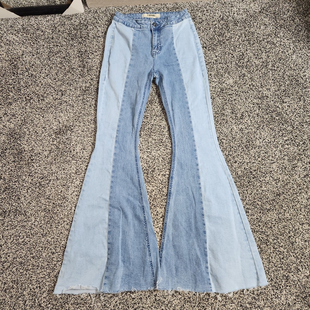 Rock & roll Denim jean 2 Tone Bell Bottom Flare Hi Rise Western Boho 26x34 Rodeo